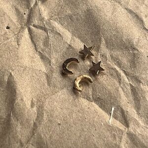 2 Pair Gold toned Moon and Star Stud earrings Celestial
